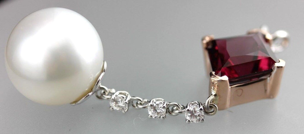 14k rose white gold red Spinel South Sea cultured pearl diamond dangle pendant