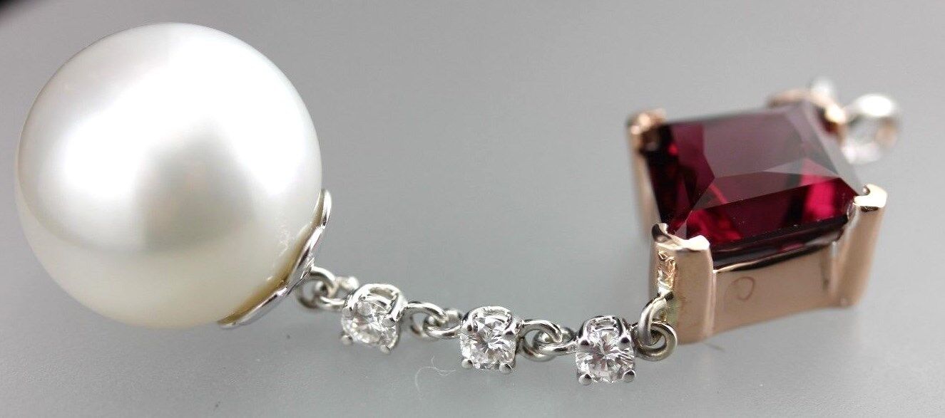14k rose white gold red Spinel South Sea cultured pearl diamond dangle pendant