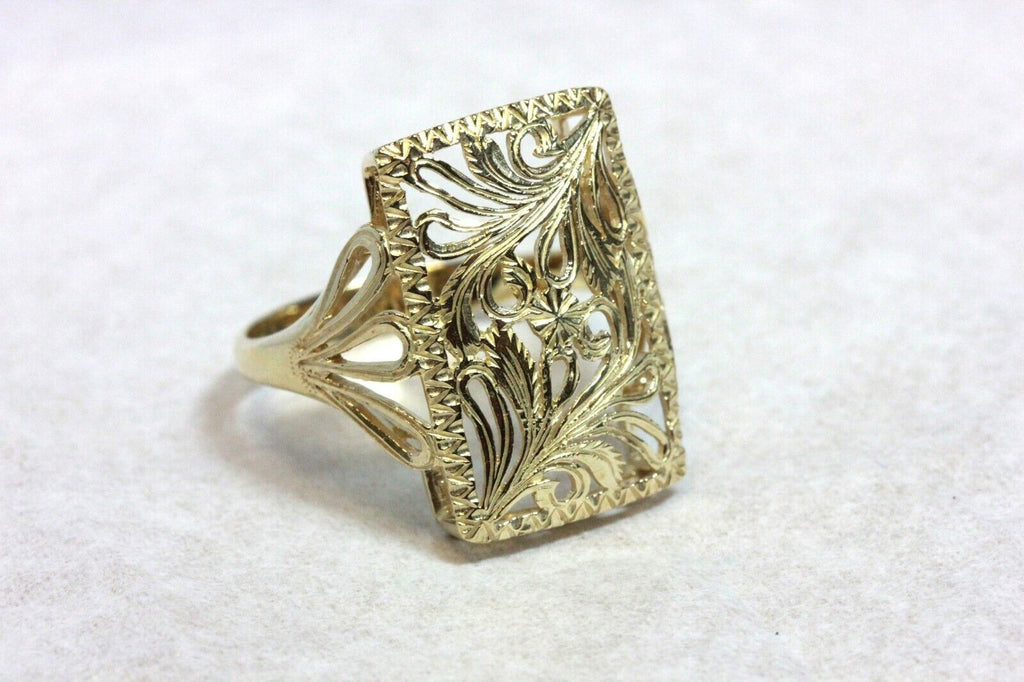 14k yellow gold ITALY ring band flowers ferns plants estate size 9.25 vintage