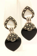 925 sterling silver marcasite black onyx heart dangle drop earrings 7.2g 1.5inch