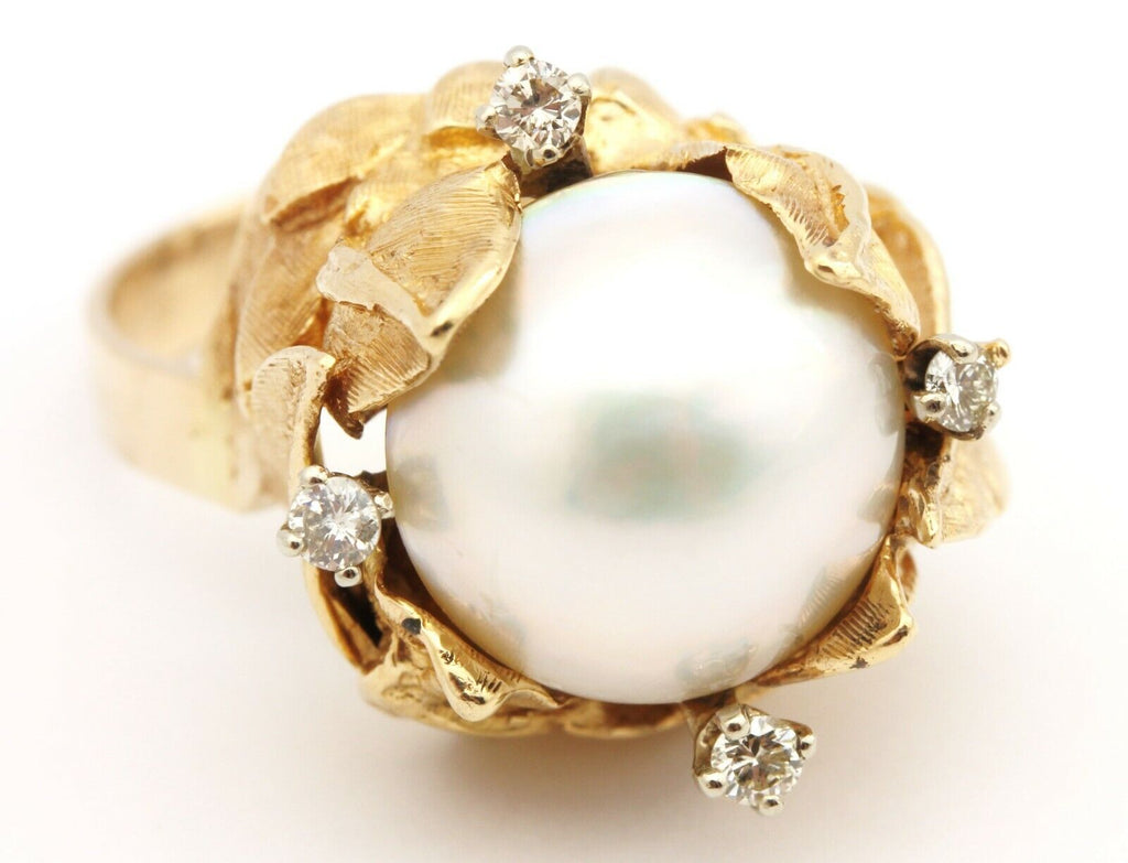 14k yellow gold 14mm mabe pearl 0.25ctw diamond ring size 8.25 13.17g KARBRA