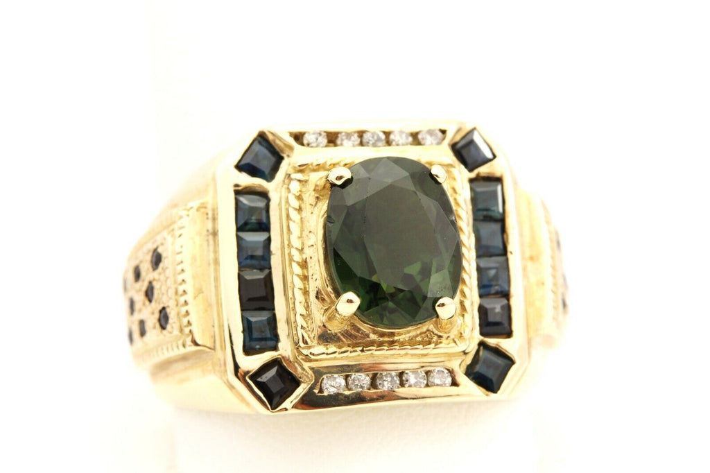 14k yellow gold oval green tourmaline blue sapphire diamond ring size 13 14.2g