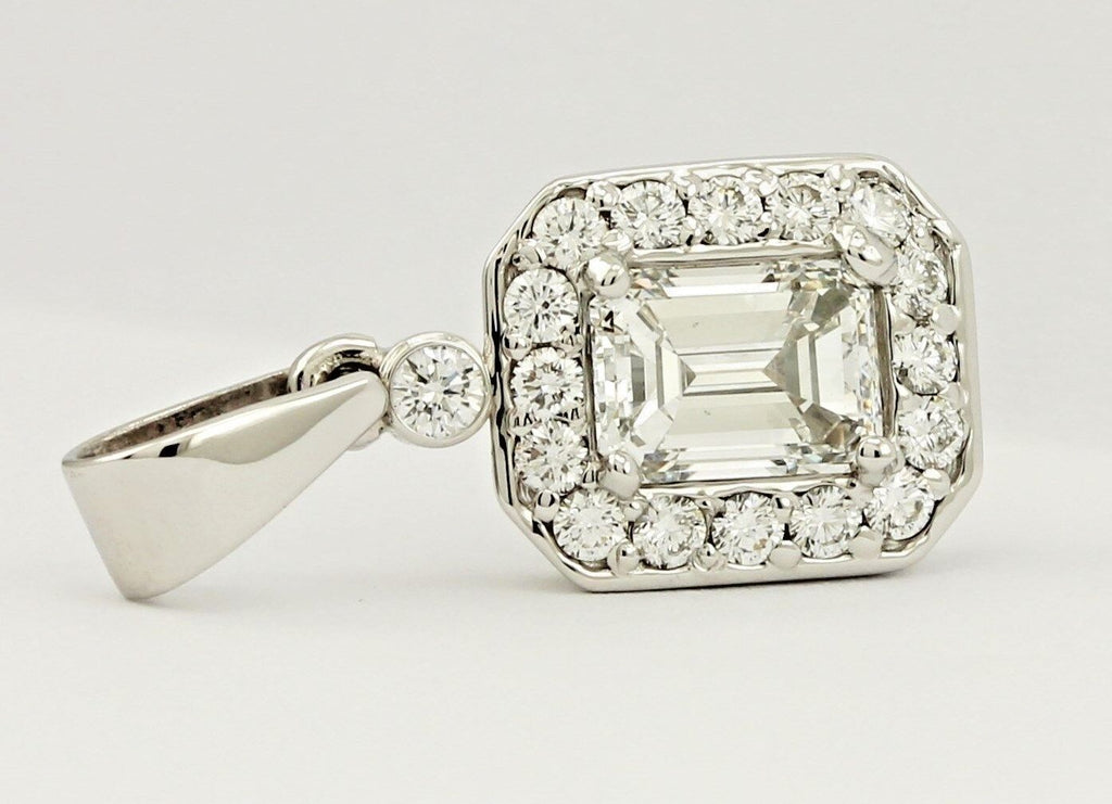 14k white gold 20mm drop halo pendant GIA emerald cut diamond ESTATE 1.15ctw