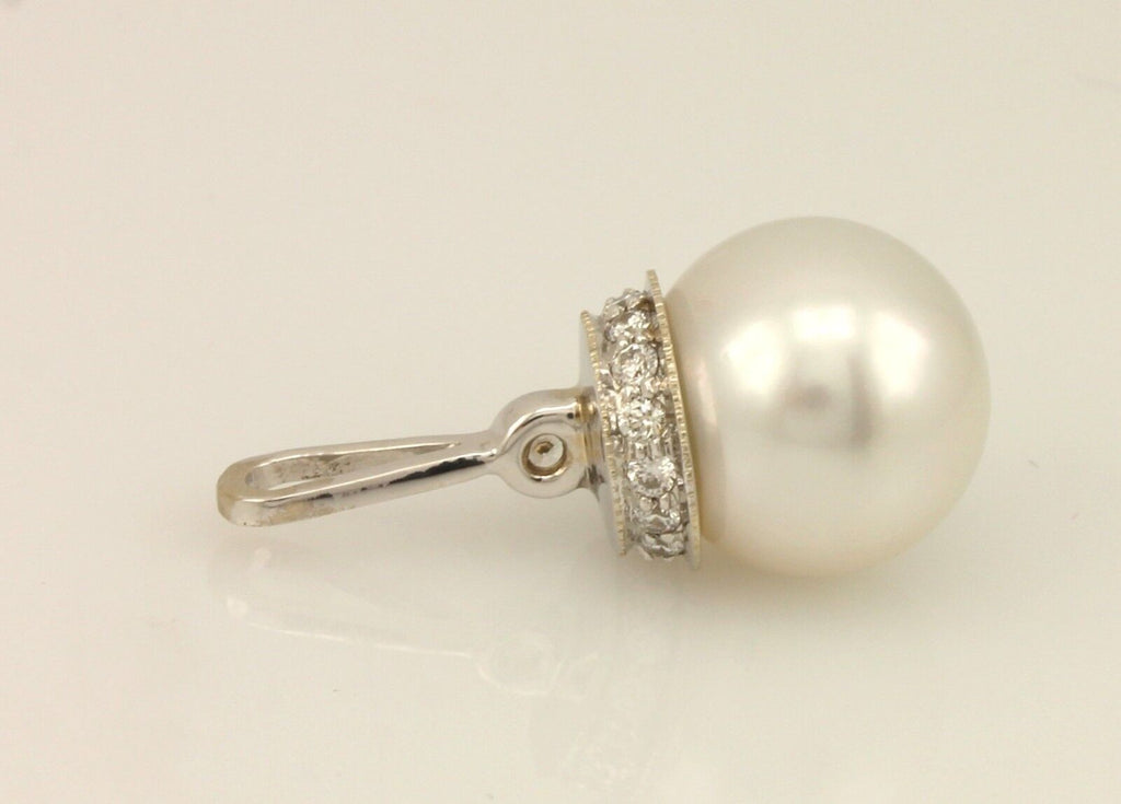 14 k white gold 10mm white round south sea cultured pearl diamond pendant new