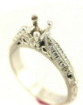 Platinum engagement ring cathedral semi mount lotus engraved diamond accents